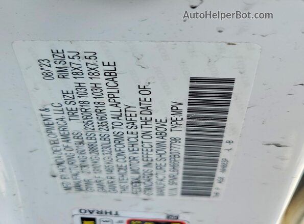 5FNRL6H66PB077798 2023 HONDA ODYSSEY White Вид наклейки з VIN-кодом