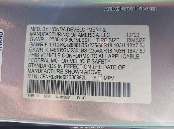 5FNRL6H66RB009925 2024 HONDA ODYSSEY Silver Engine compartment view
