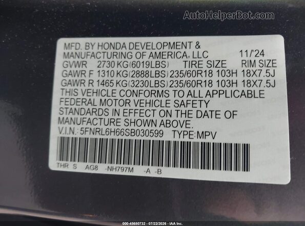 5FNRL6H66SB030599 2025 HONDA ODYSSEY Gray Вид підкапотного простору