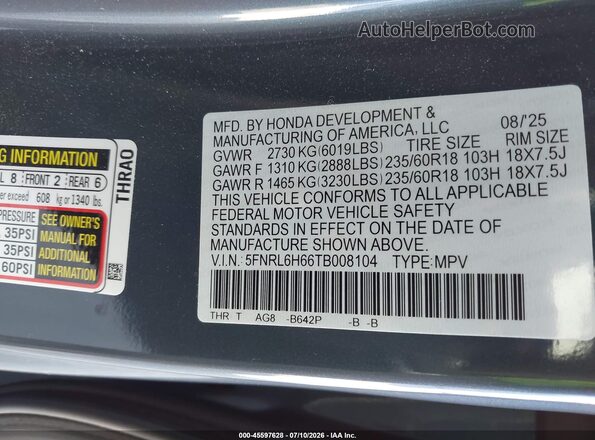 5FNRL6H66TB008104 2026 HONDA ODYSSEY Blue ძრავის განყოფილების ხედი
