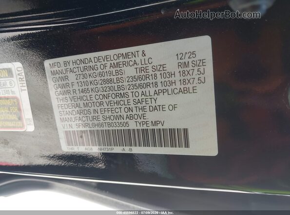 5FNRL6H66TB033505 2026 HONDA ODYSSEY Black Вид підкапотного простору