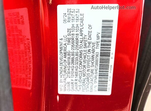 5FNRL6H67SB007963 2025 HONDA ODYSSEY Red VIN sticker view