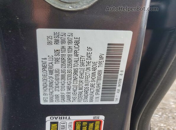 5FNRL6H67TB004899 2026 HONDA ODYSSEY Gray Widok naklejki z numerem VIN