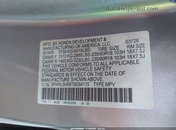 5FNRL6H68TB058115 2026 HONDA ODYSSEY Серебряный Вид подкапотного пространства