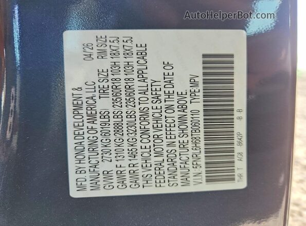 5FNRL6H68TB060110 2026 HONDA ODYSSEY Blue Vista de la etiqueta del VIN