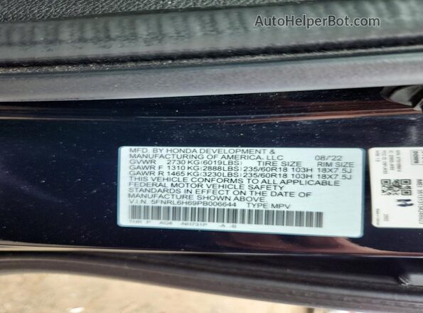 5FNRL6H69PB006644 2023 HONDA ODYSSEY Black VIN კოდის სტიკერის ხედი