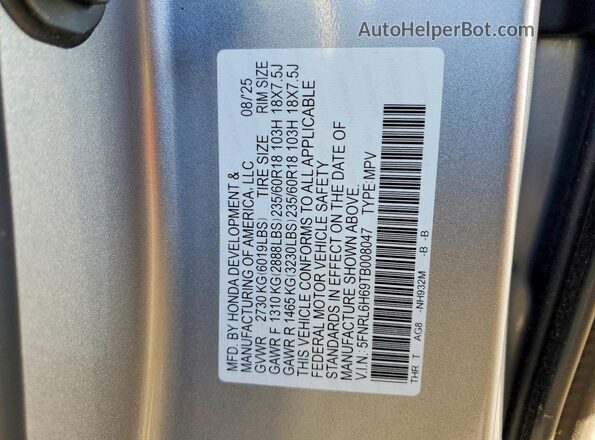 5FNRL6H69TB008047 2026 HONDA ODYSSEY Silver VIN sticker view