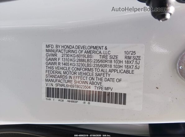 5FNRL6H69TB023504 2026 HONDA ODYSSEY White Widok komory silnika