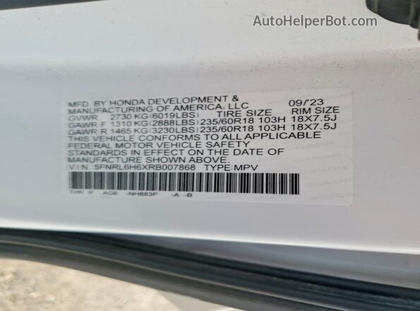 5FNRL6H6XRB007868 2024 HONDA ODYSSEY White VIN sticker view