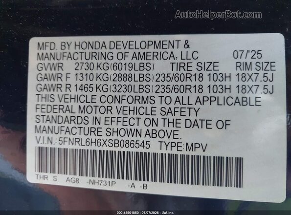 5FNRL6H6XSB086545 2025 HONDA ODYSSEY Black Vista del compartimento del motor