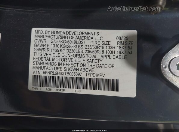 5FNRL6H6XTB005397 2026 HONDA ODYSSEY Blue Вид підкапотного простору