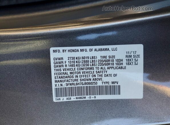 5FNRL6H70JB060253 2018 HONDA ODYSSEY Gray Widok naklejki z numerem VIN
