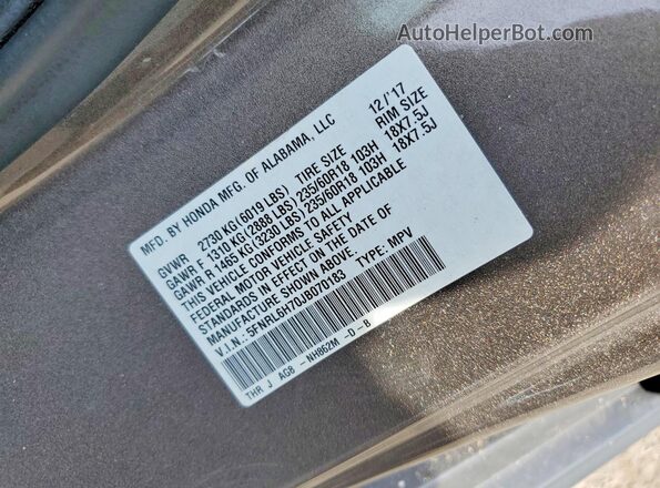 5FNRL6H70JB070183 2018 HONDA ODYSSEY Charcoal Vista de la etiqueta del VIN