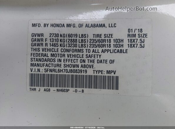 5FNRL6H70JB083919 2018 HONDA ODYSSEY White Engine compartment view