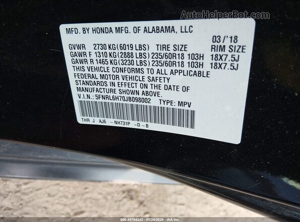 5FNRL6H70JB098002 2018 HONDA ODYSSEY Black Շարժիչի բաժամունքի տեսք