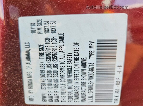 5FNRL6H70KB048718 2019 HONDA ODYSSEY Maroon Vista de la etiqueta del VIN