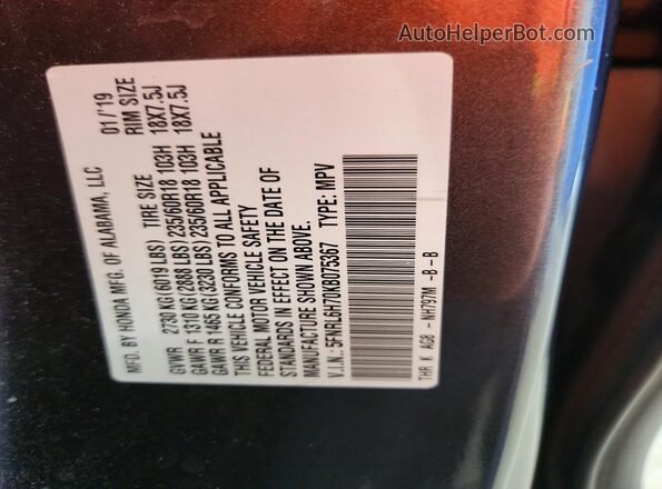 5FNRL6H70KB075367 2019 HONDA ODYSSEY Gray Vista de la etiqueta del VIN