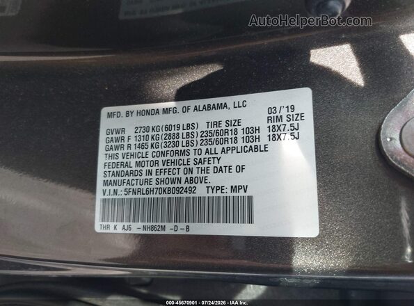 5FNRL6H70KB092492 2019 HONDA ODYSSEY Gray Вид підкапотного простору