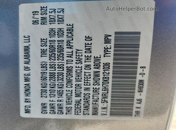 5FNRL6H70KB121036 2019 HONDA ODYSSEY Silver Widok naklejki z numerem VIN