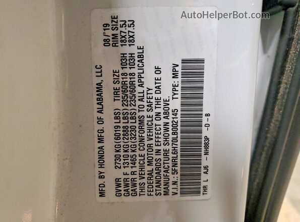 5FNRL6H70LB002145 2020 HONDA ODYSSEY White VIN sticker view