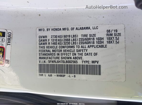 5FNRL6H70LB002565 2020 HONDA ODYSSEY White Շարժիչի բաժամունքի տեսք
