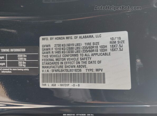 5FNRL6H70LB019236 2020 HONDA ODYSSEY Black ძრავის განყოფილების ხედი