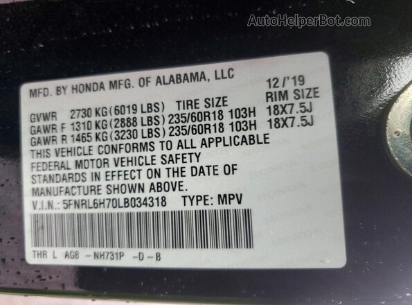 5FNRL6H70LB034318 2020 HONDA ODYSSEY Black Vista interior de 360 grados