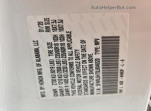 5FNRL6H70LB046520 2020 HONDA ODYSSEY White Vista de la etiqueta del VIN