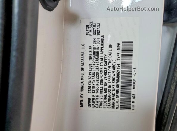 5FNRL6H70MB024194 2021 HONDA ODYSSEY White VIN კოდის სტიკერის ხედი