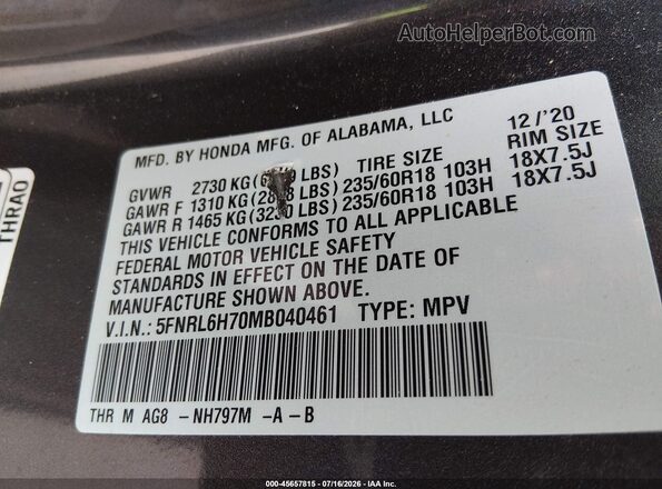 5FNRL6H70MB040461 2021 HONDA ODYSSEY Gray Շարժիչի բաժամունքի տեսք