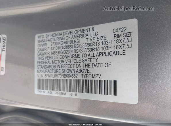 5FNRL6H70NB064552 2022 HONDA ODYSSEY Silver ძრავის განყოფილების ხედი