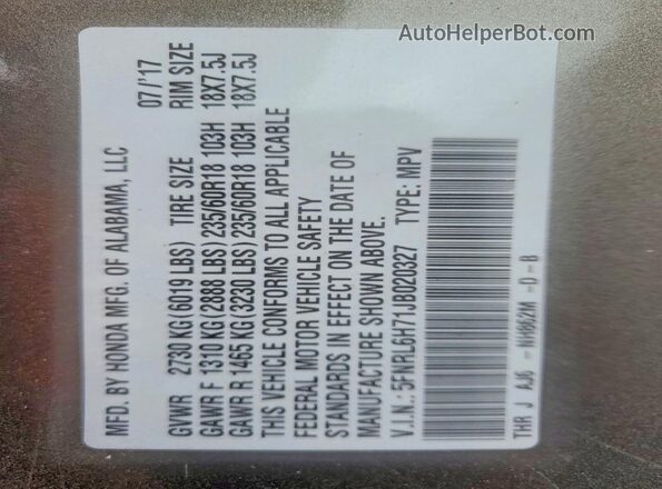 5FNRL6H71JB020327 2018 HONDA ODYSSEY Gray VIN კოდის სტიკერის ხედი
