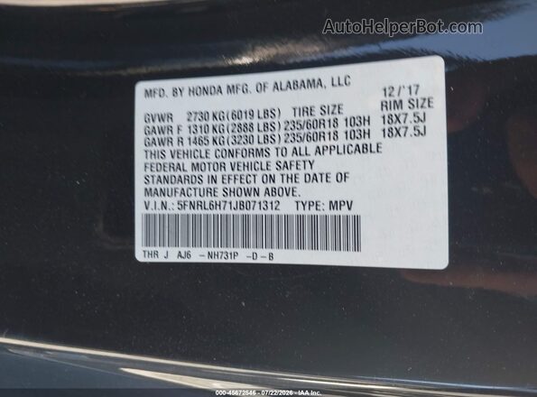5FNRL6H71JB071312 2018 HONDA ODYSSEY Black Widok komory silnika