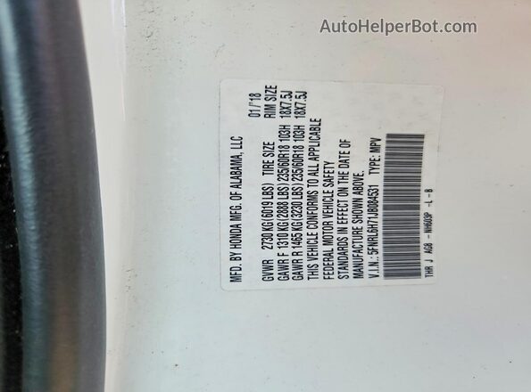 5FNRL6H71JB084531 2018 HONDA ODYSSEY Белый Вид наклейки с VIN-кодом