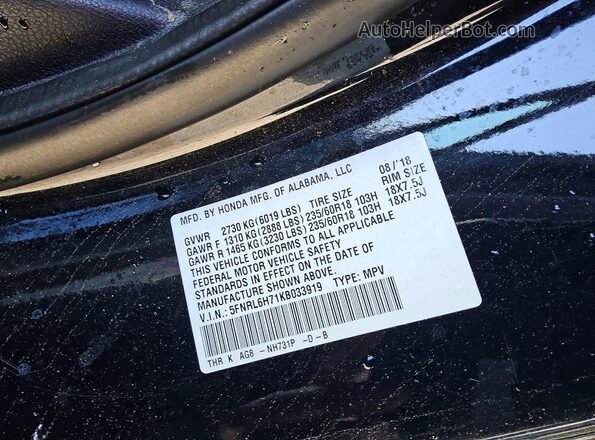 5FNRL6H71KB033919 2019 HONDA ODYSSEY Black VIN կոդի պիտակի տեսք