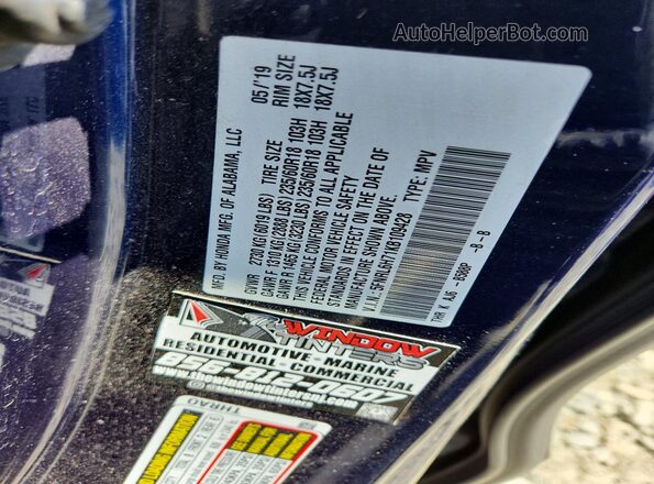 5FNRL6H71KB109428 2019 HONDA ODYSSEY Blue VIN կոդի պիտակի տեսք