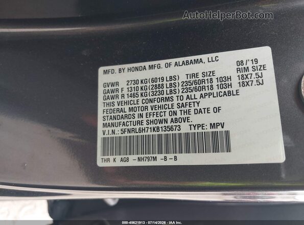 5FNRL6H71KB135673 2019 HONDA ODYSSEY Gray Engine compartment view