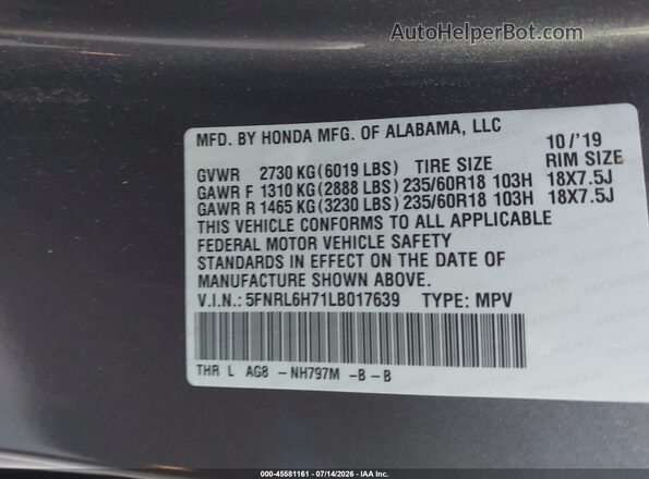 5FNRL6H71LB017639 2020 HONDA ODYSSEY Gray Вид підкапотного простору
