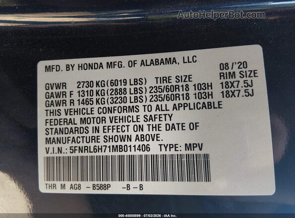 5FNRL6H71MB011406 2021 HONDA ODYSSEY Dark Blue Engine compartment view