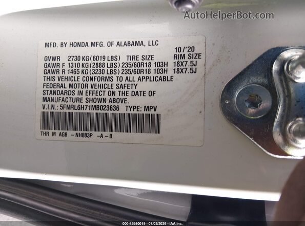 5FNRL6H71MB023636 2021 HONDA ODYSSEY White Widok komory silnika