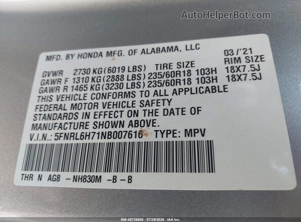 5FNRL6H71NB007616 2022 HONDA ODYSSEY Silver Widok komory silnika