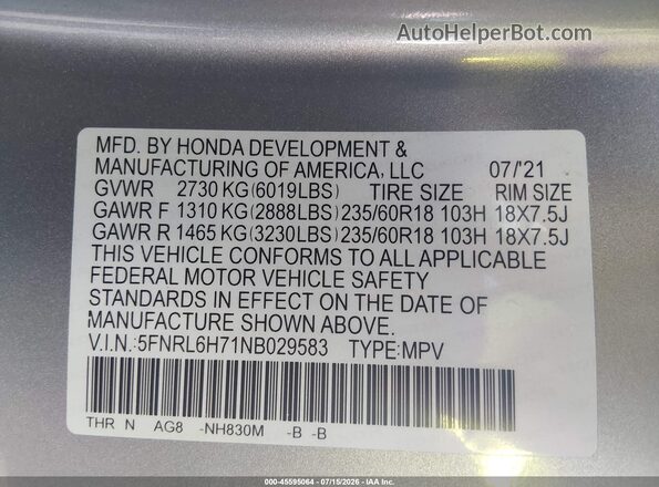 5FNRL6H71NB029583 2022 HONDA ODYSSEY Серебряный Вид подкапотного пространства