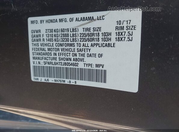 5FNRL6H72JB054602 2018 HONDA ODYSSEY Gray ძრავის განყოფილების ხედი