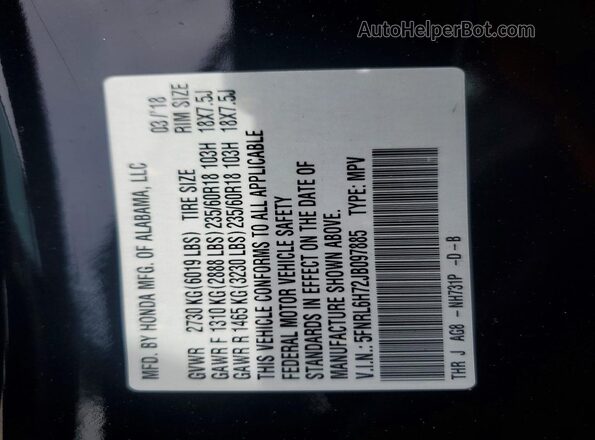 5FNRL6H72JB097885 2018 HONDA ODYSSEY Black VIN sticker view