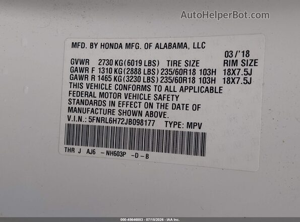 5FNRL6H72JB098177 2018 HONDA ODYSSEY White Widok komory silnika