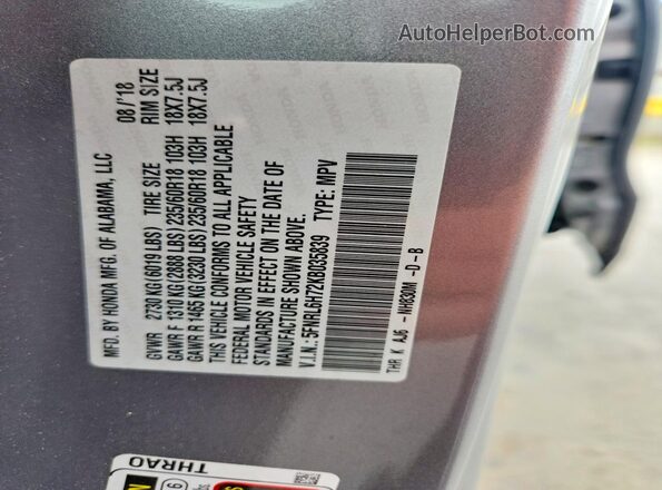 5FNRL6H72KB035839 2019 HONDA ODYSSEY Silver Vista de la etiqueta del VIN