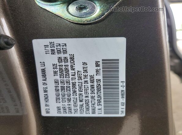 5FNRL6H72KB054150 2019 HONDA ODYSSEY Gray VIN կոդի պիտակի տեսք