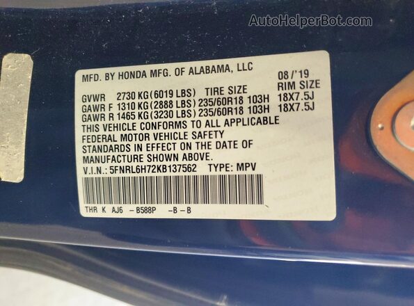 5FNRL6H72KB137562 2019 HONDA ODYSSEY Blue Вид наклейки з VIN-кодом