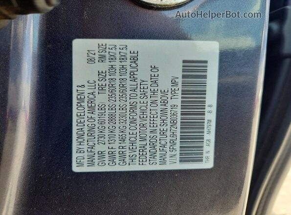 5FNRL6H72NB036719 2022 HONDA ODYSSEY Серый Вид наклейки с VIN-кодом