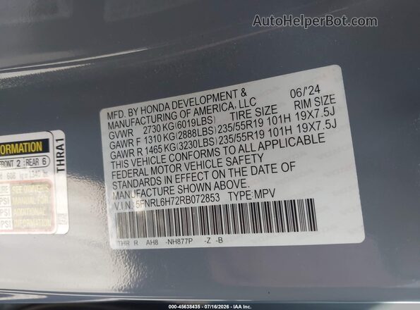 5FNRL6H72RB072853 2024 HONDA ODYSSEY Gray ძრავის განყოფილების ხედი
